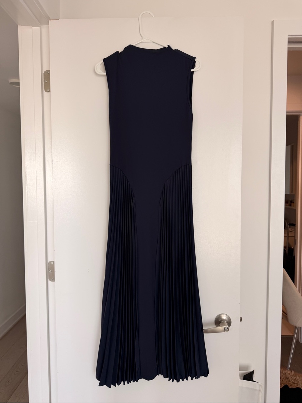Sleeveless Navy Pleated Panel Midi Dress